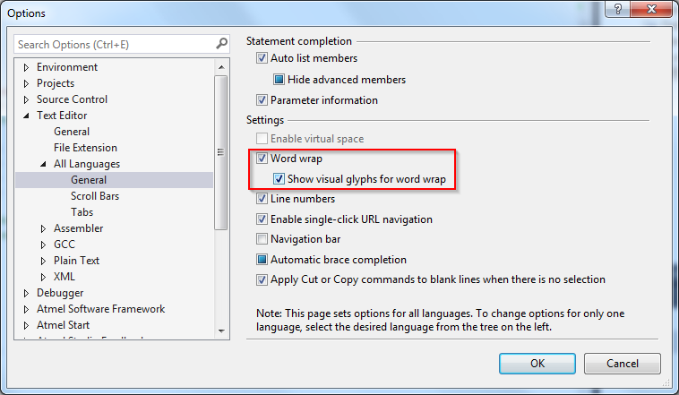 Word wrap in Visual Micro for Atmel Studio